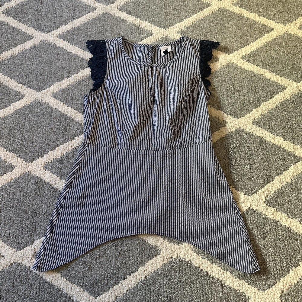 CAbi Womens Blouse Striped Lace Flutter Sleeve Tank Top Size X-Small‎ Style 5727